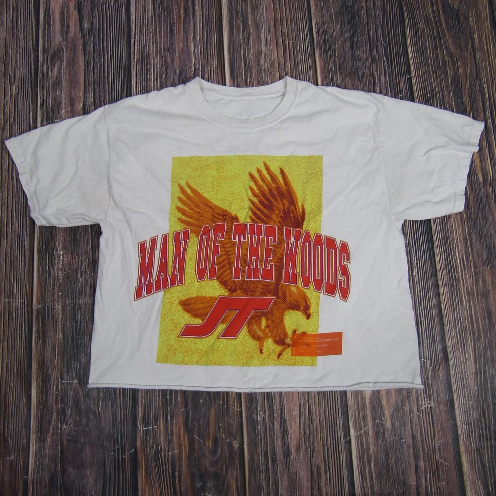 Timberlake Graphic Crop Tee Women L White Man of the Woods Tour 2018 Heron P.